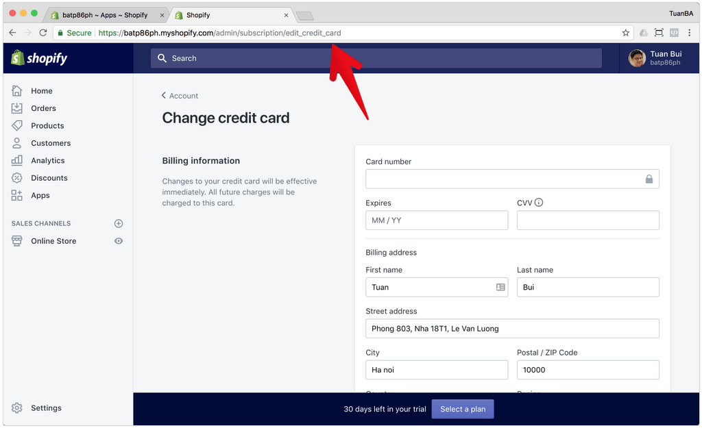 upgrade the credit card on shopify for the paid plan