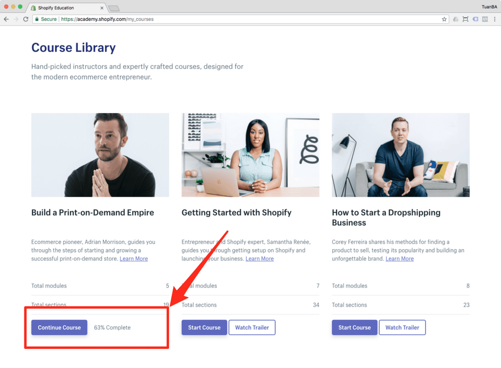 shopify academy course progress