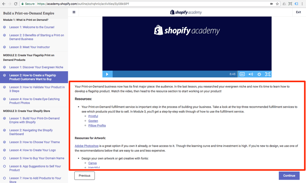 shopify academy course content
