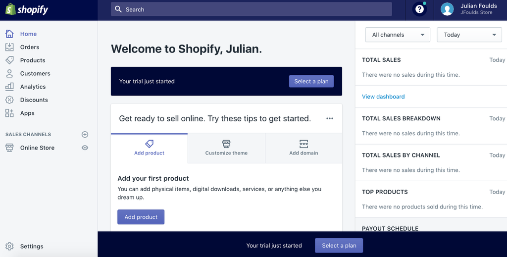 shopify admin dashboard