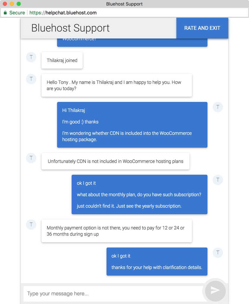 bluehost questions support via chat