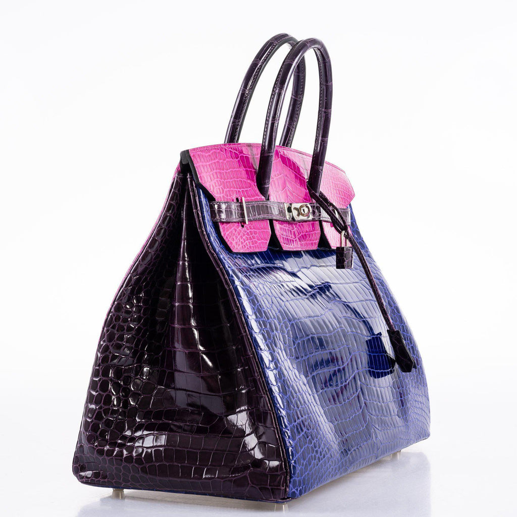 Hermes Birkin 25cm Shiny Niloticus Crocodile Palladium Hardware, Rose  Scheherazade J5/Blue Tempete N7 - H Famous