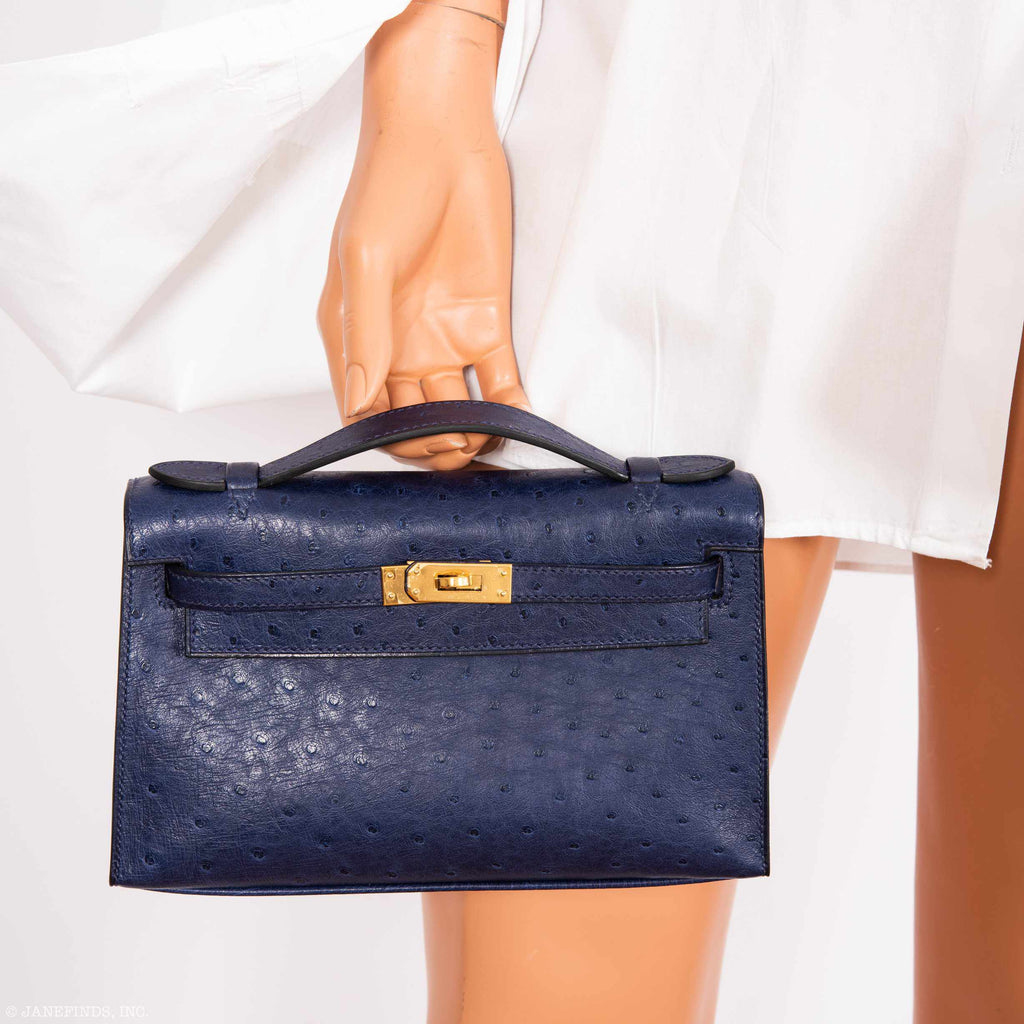 Hermes Kelly Pochette Bag Bleuet Ostrich Clutch Gold Hardware – Mightychic