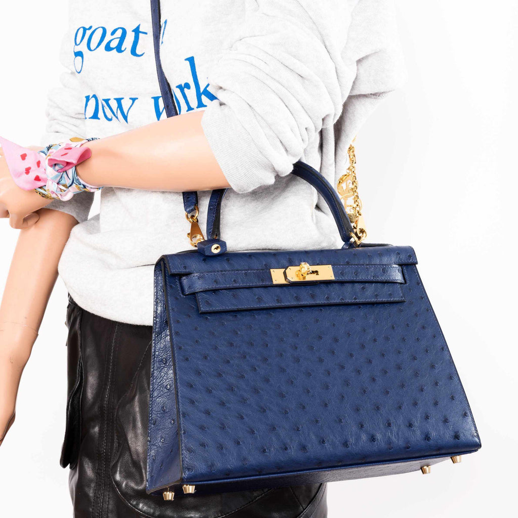 Hermes Kelly Pochette Bag Bleuet Ostrich Clutch Gold Hardware