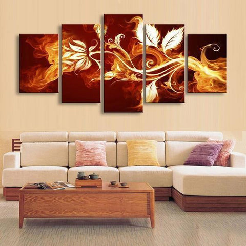 Fire Flowers Abstract Digital art 5 Piece Canvas Print Poster Wall Art Home Decor