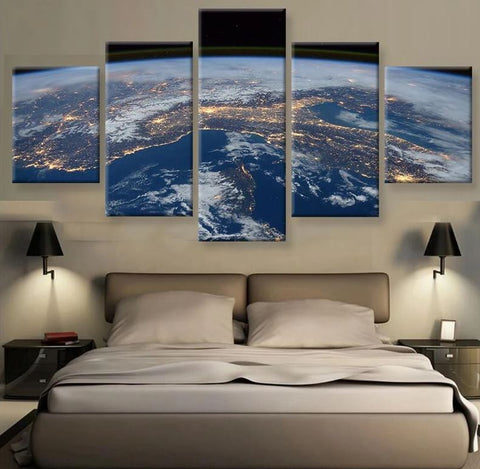 Light in Earth at Night 5 Piece Canvas Print Poster Wall Art Home Decor