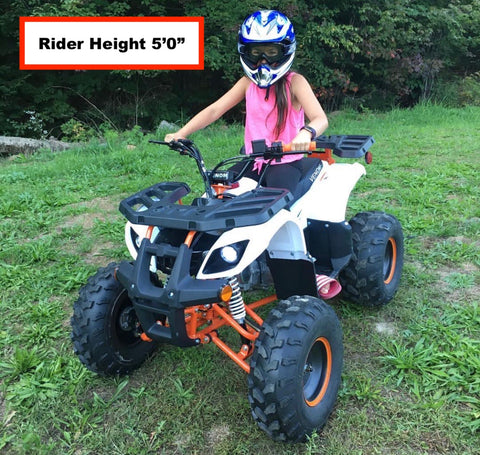 venom 125cc grizzly size comparison for kids and adults sizing with person