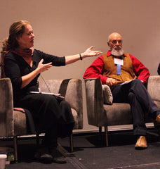 Nicolette Hahn Niman gestures to Fred Provenza during the featured panel