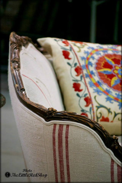 Susan Wheeler Home Antique Settee and Pillow photo by The Little Red Shop