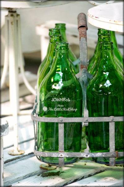 Vintage Green Bottles in Caddy