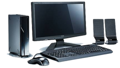 Image of a desktop computer system with tower, monitor, speakers, and keyboard.