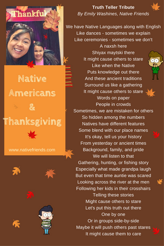 Native Americans and Thanksgiving: Truth Teller Tribute, by Emily Washines, Native Friends