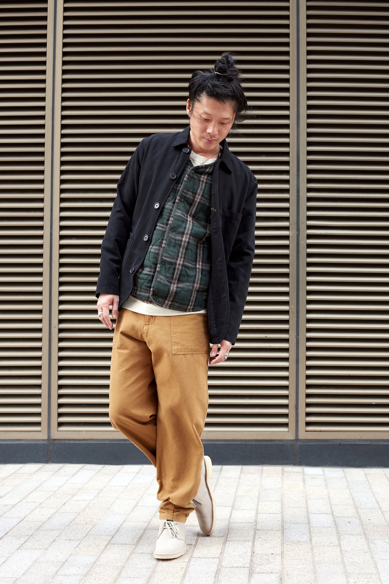 Hardwearing military style fatigue pants and Universal Works X Sanders suede shoes