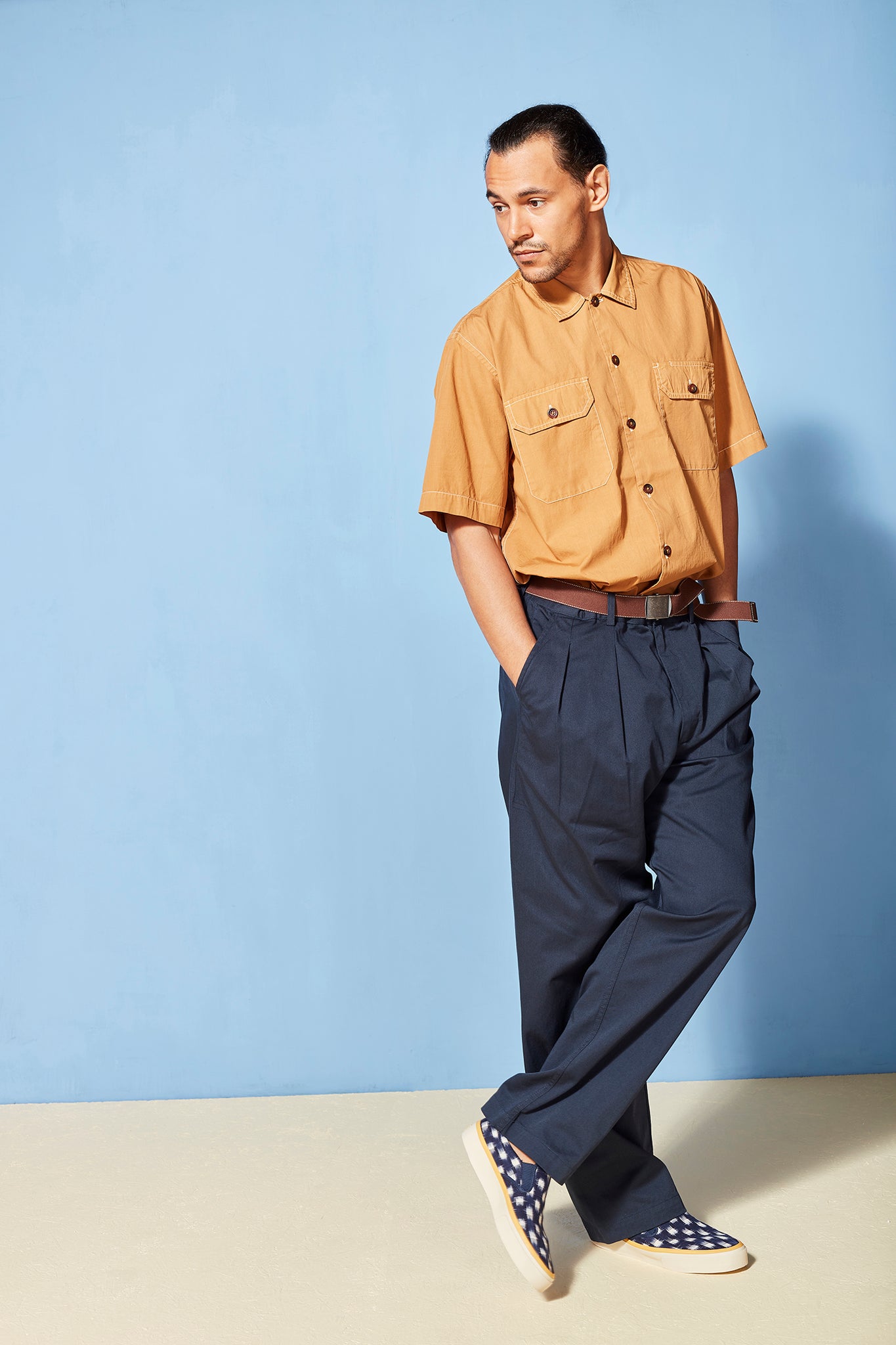 SS20, short sleeve overshirt with pleated trousers and Sebago slip on shoes