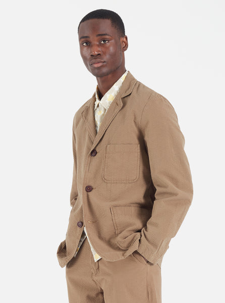 Universal Works Three Button Jacket in Olive Cotton Seersucker