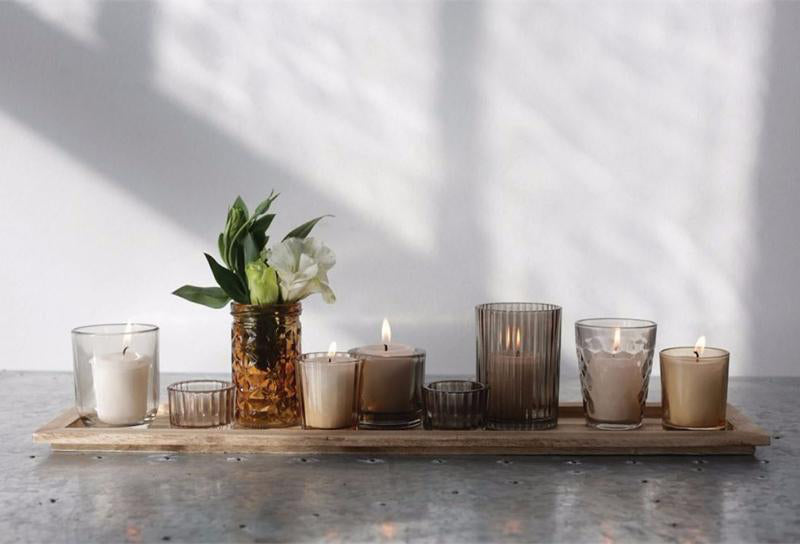 Wood Tray and Glass Votive Tabletop Set 