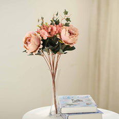 2 Bush | Blush/Rose Gold Artificial Silk Peony, Rose & Hydrangea Flower Bouquet