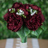 12inch Burgundy Artificial Silk Peonies Bouquet, Faux Peony Spray Bush