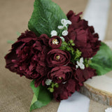 12inch Burgundy Artificial Silk Peonies Bouquet, Faux Peony Spray Bush