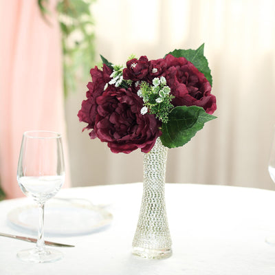 12inch Burgundy Artificial Silk Peonies Bouquet, Faux Peony Spray Bush