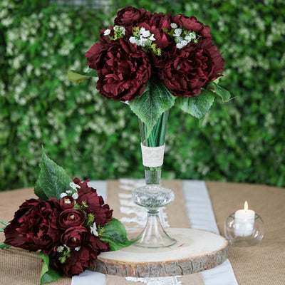 12inch Burgundy Artificial Silk Peonies Bouquet, Faux Peony Spray Bush