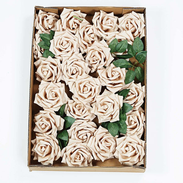 24 Pcs | 5" Champagne Foam Rose With Stem And Leaves - 16 Colors