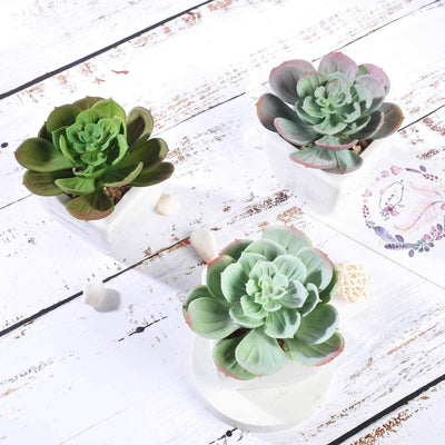 3 Pack | 4inches Ceramic Planter Pot & Artificial Echeveria Succulent Plant