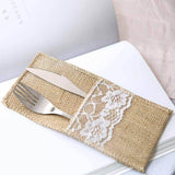 10 Pack | 4x8inch Natural Burlap/Lace Single Set Silverware Holder Pouch