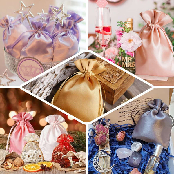 Pack of 12 | 6"x9" White Satin Party Favor Bags | Drawstring Pouch Gift Bags