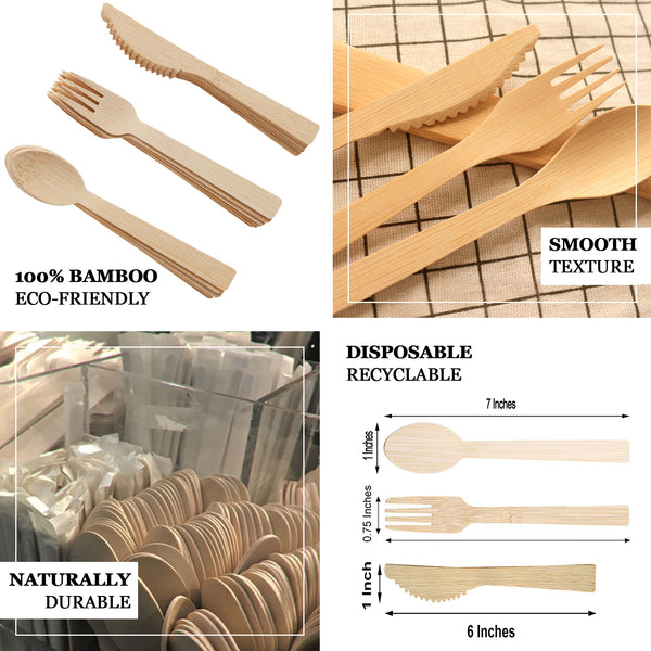 25 Pack | 7inch Eco Friendly Bamboo Disposable Picnic Forks, Cutlery