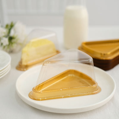 50 Pack | Gold/Clear Plastic Cake Slice Favor Containers, Triangle Party Boxes