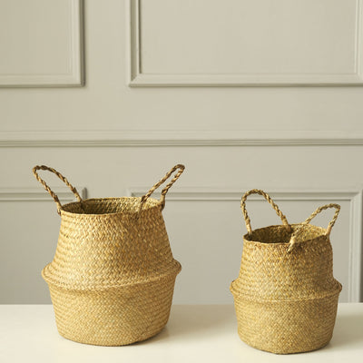 Set of 2 | Natural Seagrass Plant Baskets, Wicker Hand Woven Straw Planter With Handles