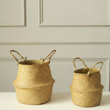 Set of 2 | Natural Seagrass Plant Baskets, Wicker Hand Woven Straw Planter With Handles