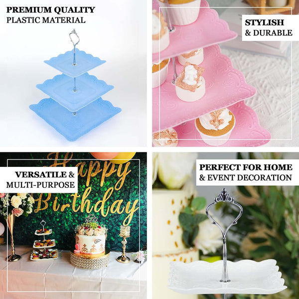 13Inch | 3 Tier Floral Print Cupcake Stand, White Square Dessert Tray Display Holder with Wavy Edges