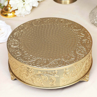 14inch Round Gold Embossed Cake Stand Riser, Matte Metal Cake Pedestal