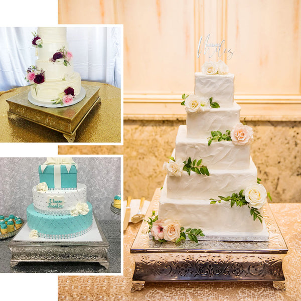 14” Silver Embossed Square Cake Plateau, Metal Cake Stand Cake Riser