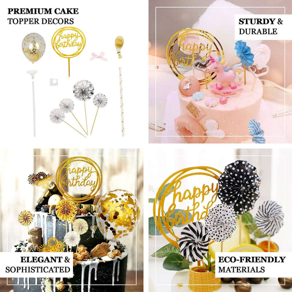 Cake Decor Set, 4 Gold/White Mini Paper Fans, Gold Confetti Balloon and Gold Birthday Cake Topper