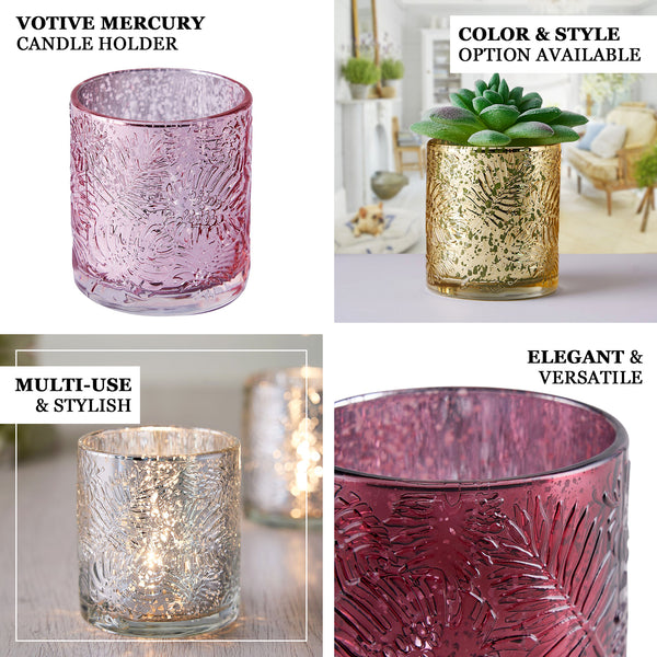 6 Pack | Silver Mercury Glass Candle Holders, Votive Tealight Holders With Palm Leaf Design