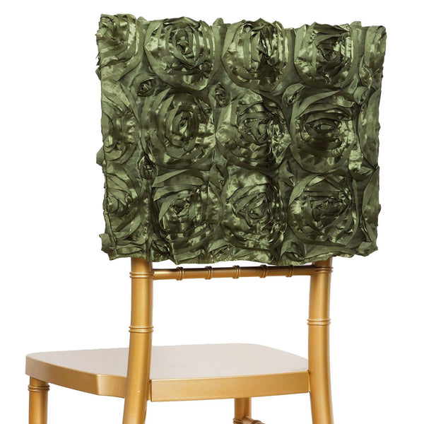 16" Olive Green Satin Rosette Chiavari Chair Caps, Chair Back Covers