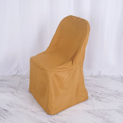 Gold Polyester Folding Round Chair Covers, Reusable or 1x Use Stain Resistant Chair Covers