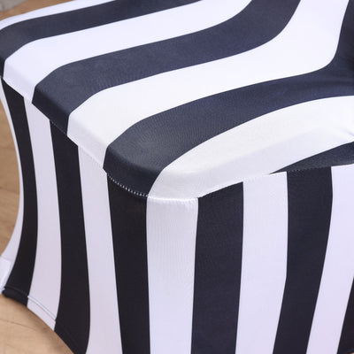 Black & White 2inch Striped Spandex Stretch Fitted Folding Chair Cover With Foot Pockets - 160GSM