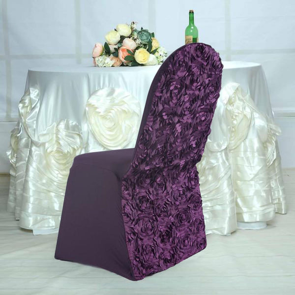 Eggplant Satin Rosette Stretch Banquet Spandex Chair Cover