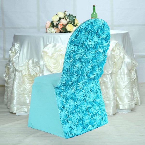 Turquoise Satin Rosette Stretch Banquet Spandex Chair Cover