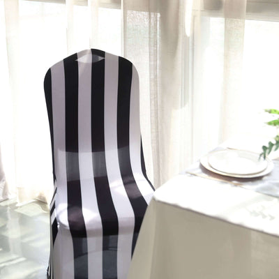 Black & White 2inch Striped Spandex Stretch Fitted Banquet Chair Cover With Foot Pockets - Premium