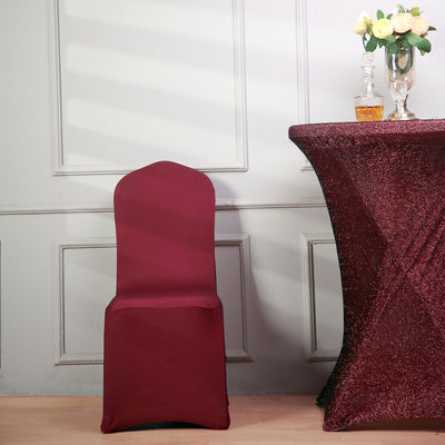 Burgundy Spandex Stretch Banquet Chair Cover, Fitted with Metallic Glittering Back