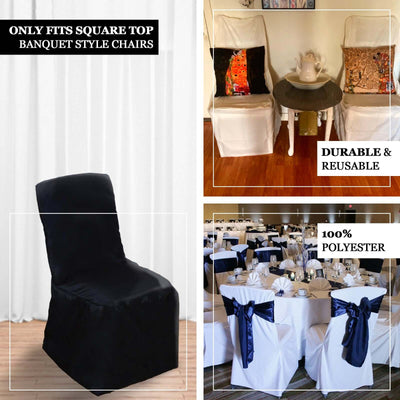 White Polyester Square Top Banquet Chair Covers, Reusable or 1x Use Chair Covers