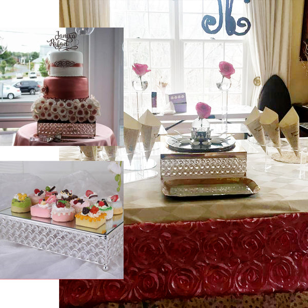 14 inch Silver Square Crystal Beaded Metal Cake Stand