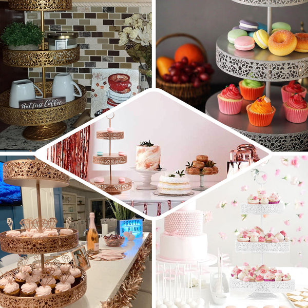 3-Tier Blush/Rose Gold Metal Reversible Cupcake Stand, Dessert Holder, Display Serving Tray