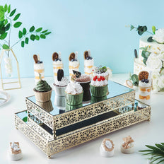 Set of 2 | Gold Fleur De Lis Metal Rectangle Cake Stand, Dessert Riser Display with Mirror Top