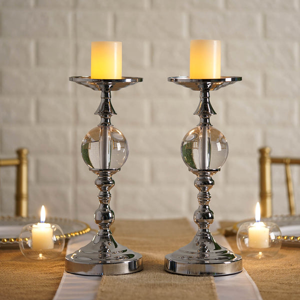 2 Pack | 13" Tall Silver Metallic Pillar Candle Holder With Clear Acrylic Ball